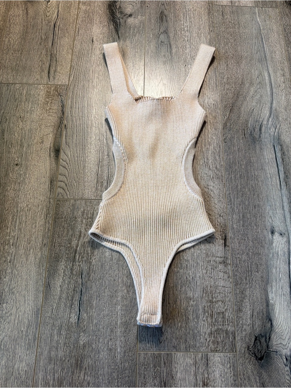 JLUXLABEL Neutral Ribbed Cutout Bodysuit in Beige